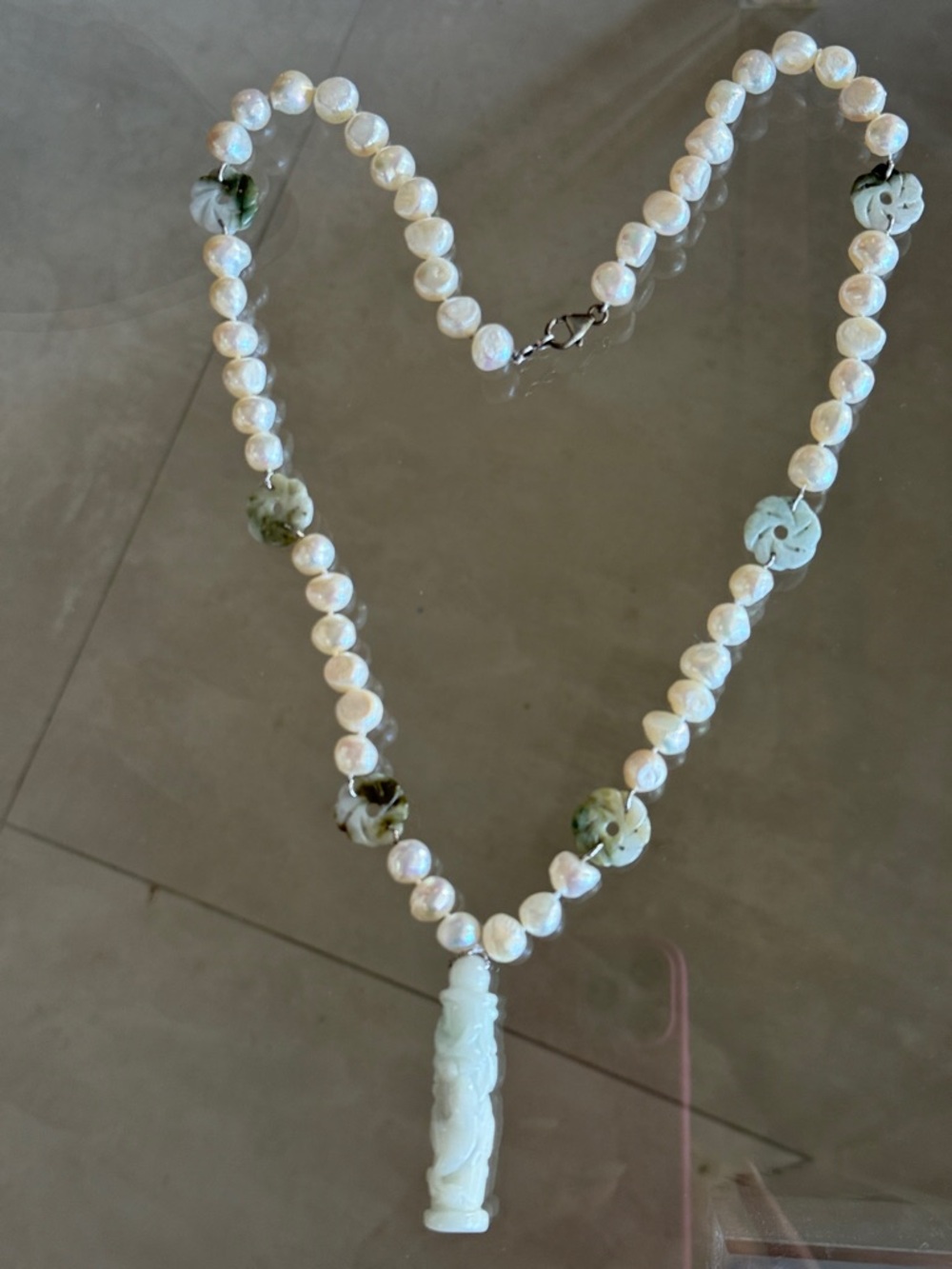 Pearl Necklace with Green Jade Carved Pendant - White and Green Women’s Jewelry